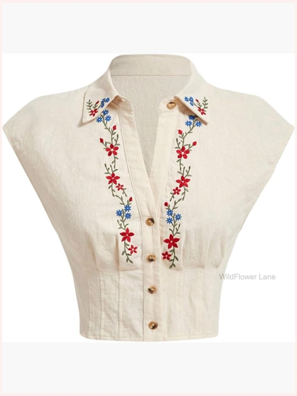 Floral Embroidered Cap Sleeve Boho Blouse Smocked Collar Crop Top